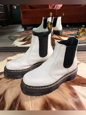 Dr. Martens White Leather Chelsea Platform Boots with Black Elastic